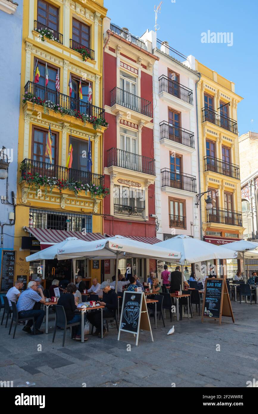 People sitting at bars and restaurants in downtown Valencia, Spain, before the pandemic Stock