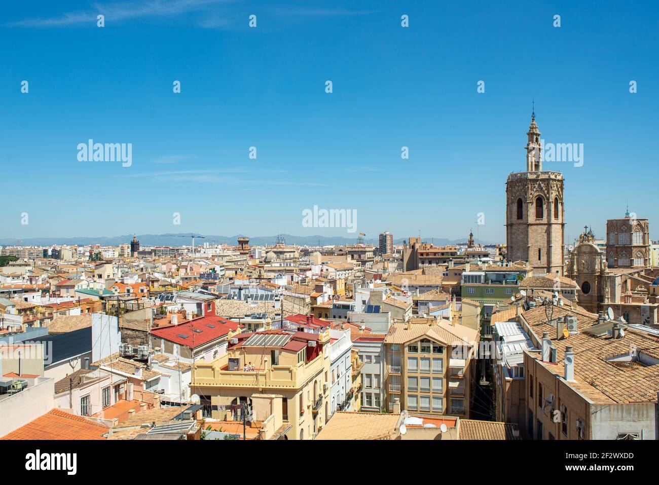 Aerial view of Valencia downtown. The old city center is full of historical buildings. El Micalet bell tower is the highest building Stock Photo