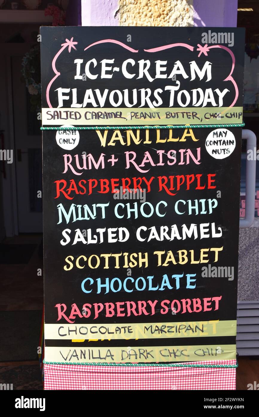Colourful ice cream menu on blackboard outside The Ice Cream Shop in