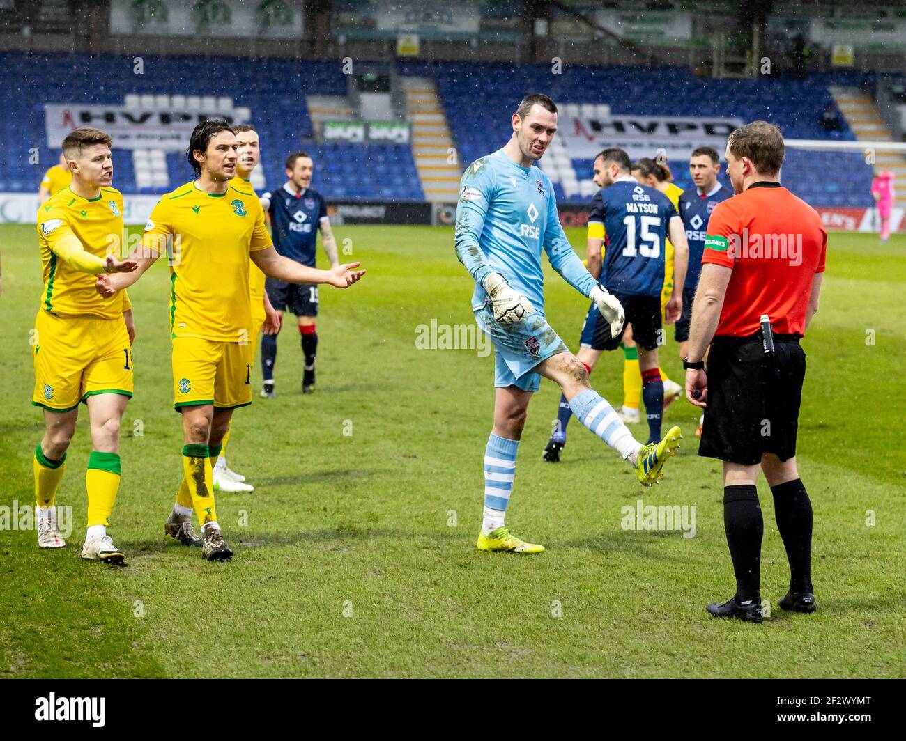 Dingwall Highland Scotland 13th March 2021 Global Energy Stadium Dingwall Highland Scotland Scottish Premiership Football Ross County Versus Hibernian Ross Laidlaw Of Ross County Complains To Referee John Beaton About The Challenge