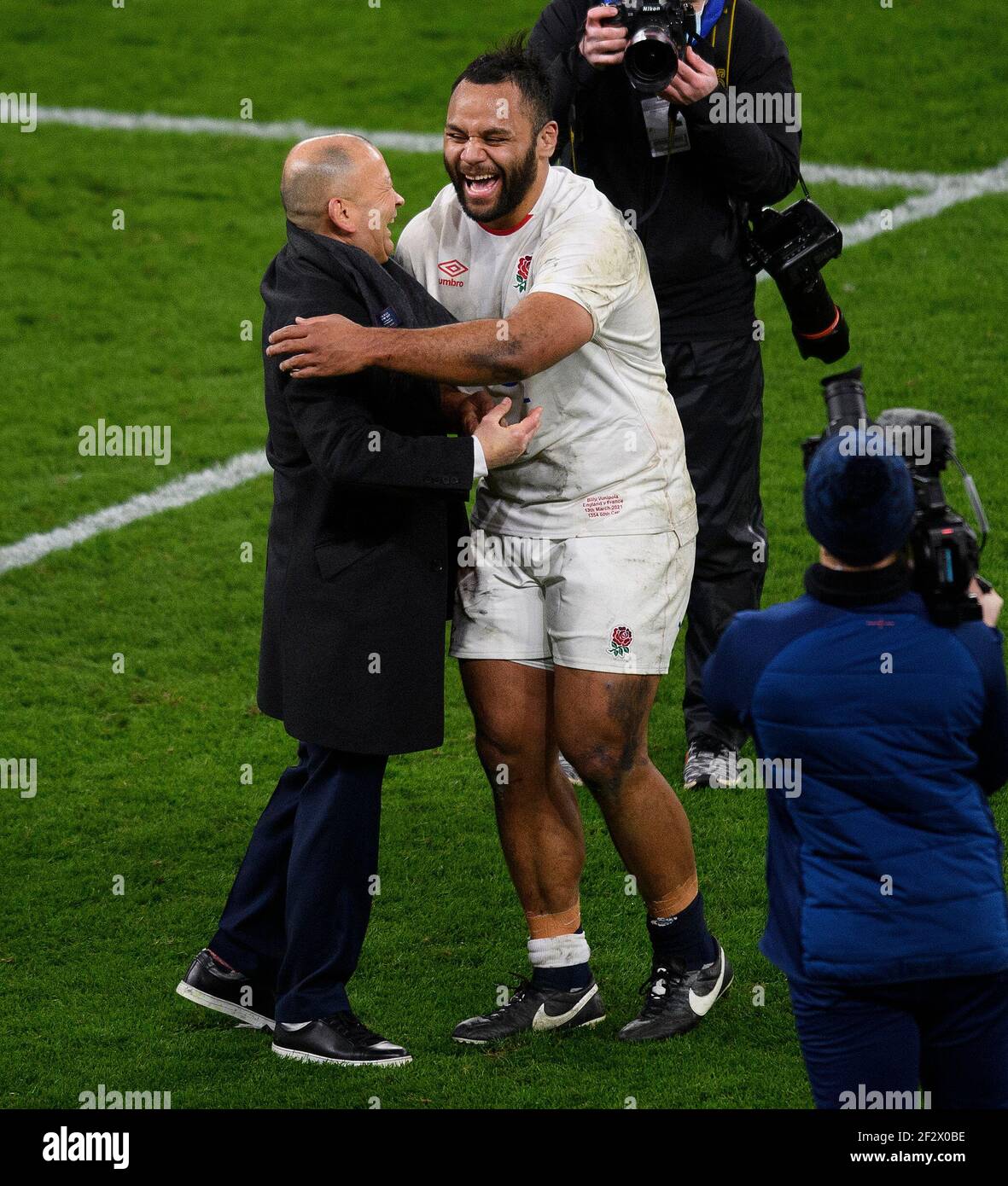 Twickenham Stadium, 13th Mar 2021  England Head Coach Eddie Jones celebrates with Billy Vunipola after victory against France  during the Guinness Six Nations match at Twickenham Stadium, London Picture Credit : © Mark Pain / Alamy Live News Stock Photo