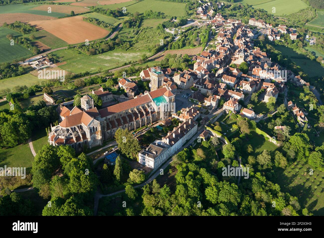 Aerial photo of Vézelay Basilica, in L'yonne department 89450, Bourgogne-Franche-comté region, France Stock Photo