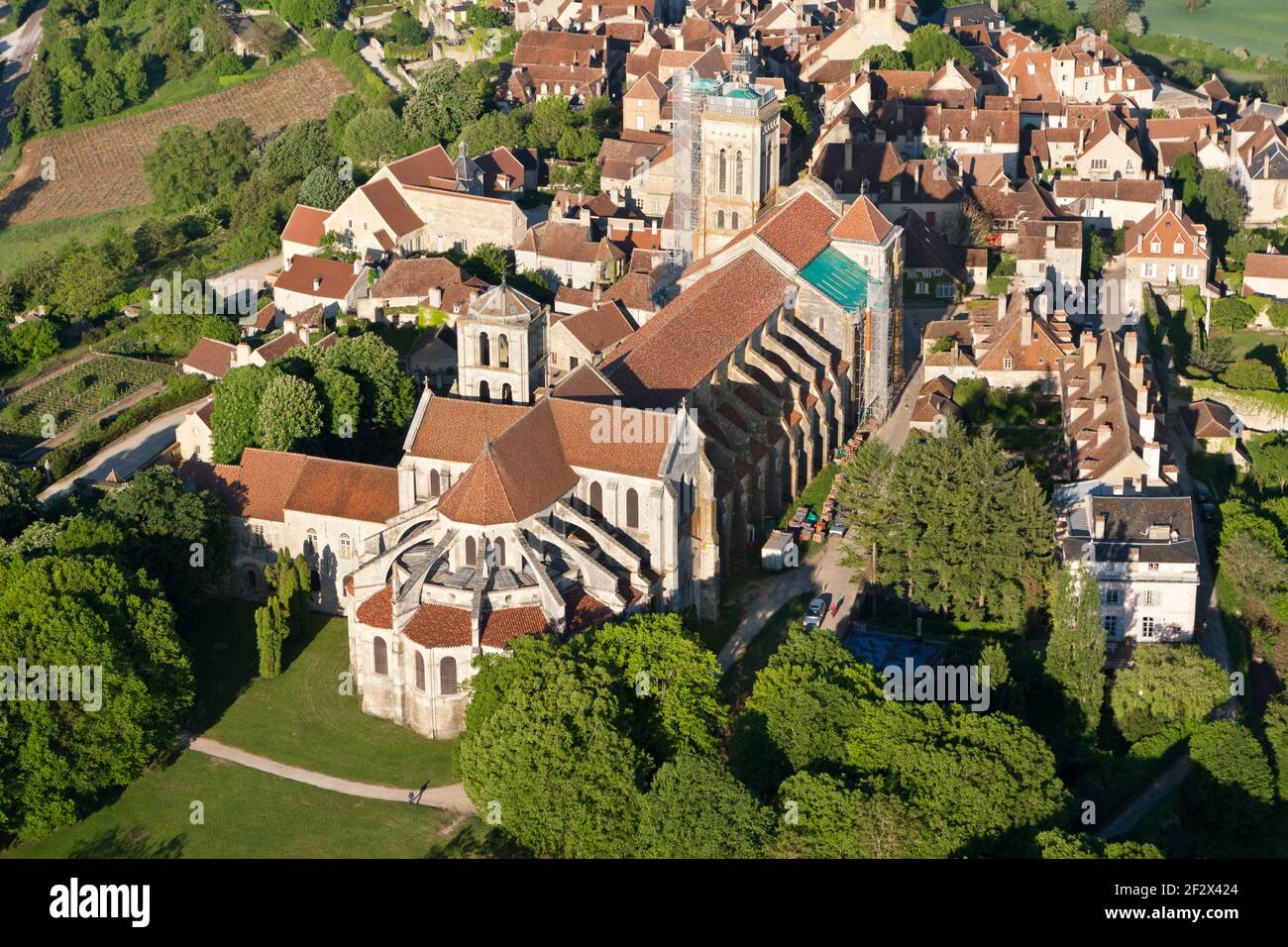 Vézelay Basilica seen from the sky, Yonne department in the Bourgogne-Franche-comté region, France Stock Photo