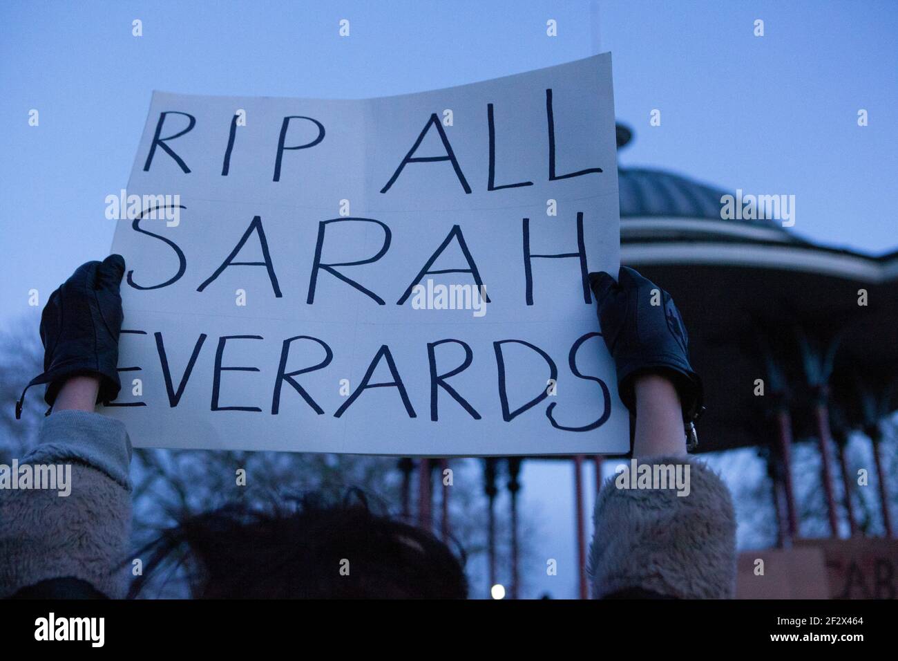 London, UK, 13 March 2021: Despite Metropolitan Police warnings hundreds of people gathered on Clapham Common at the bandstand as a vigil for  the murdered woman Sarah Everard and to protest more generally about police and society's attitudes to male violence and women's freedom. Anna Watson/Alamy Live News Stock Photo