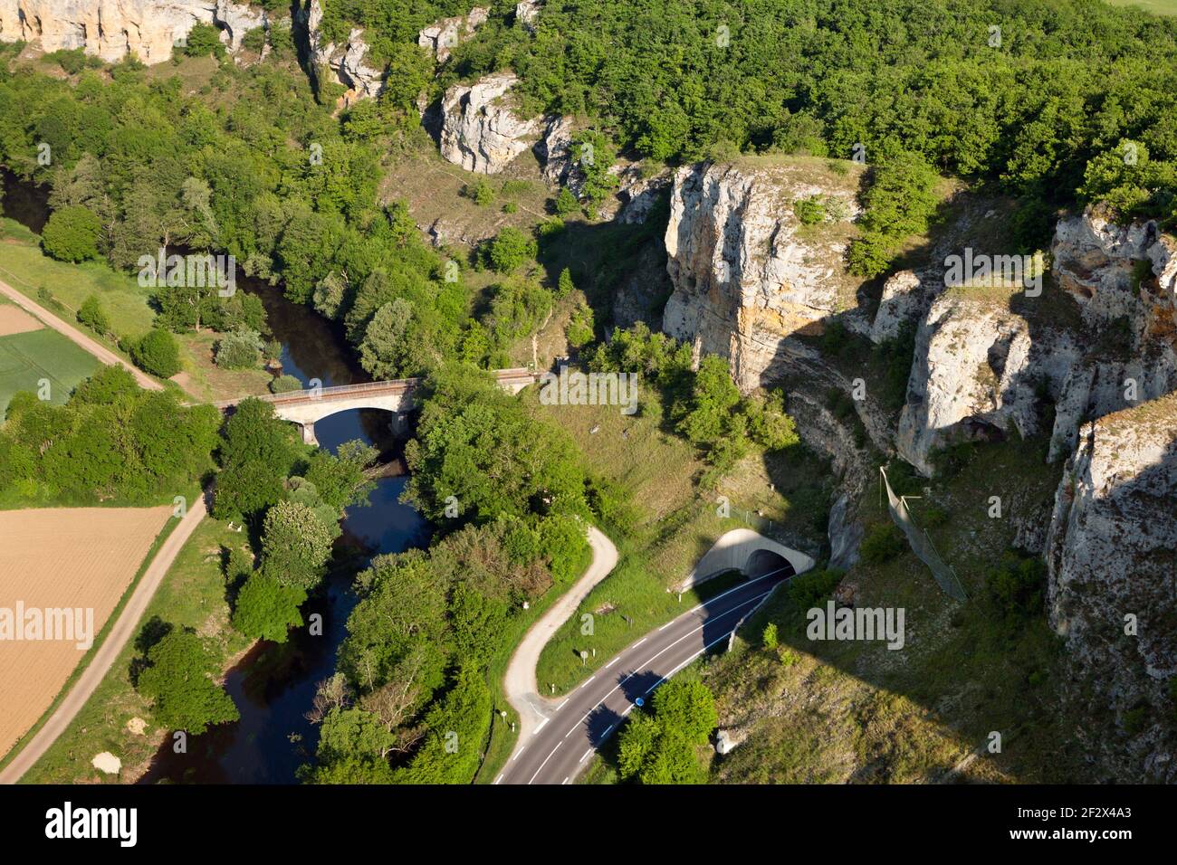 Aerial photograph of Saint-Moré cliffs and Caves  , The Père Leleu Caves, in the Yonne 89 department, Bourgogne-Franche-Comté region, France - Stock Image
