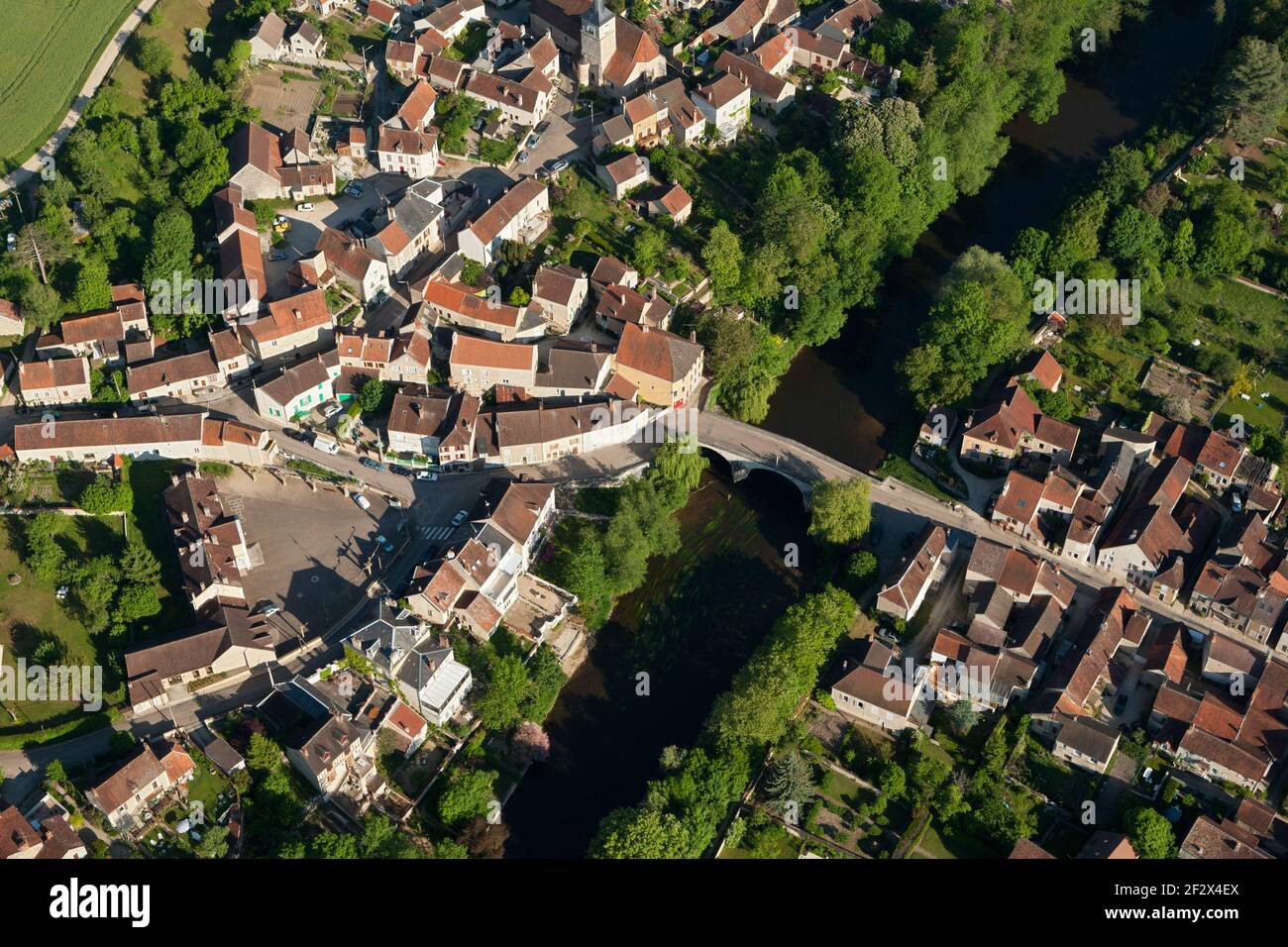 Aerial view of Arcy-sur-Cure rural village, in the Yonne département, Bourgogne-Franche-comté region, France - Stock Image