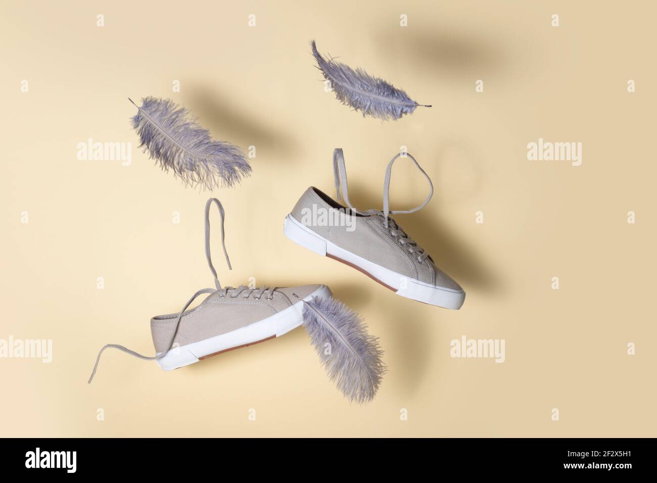 the concept of weightlessness and lightness. sneakers float in the air with flying feathers. Stock Photo