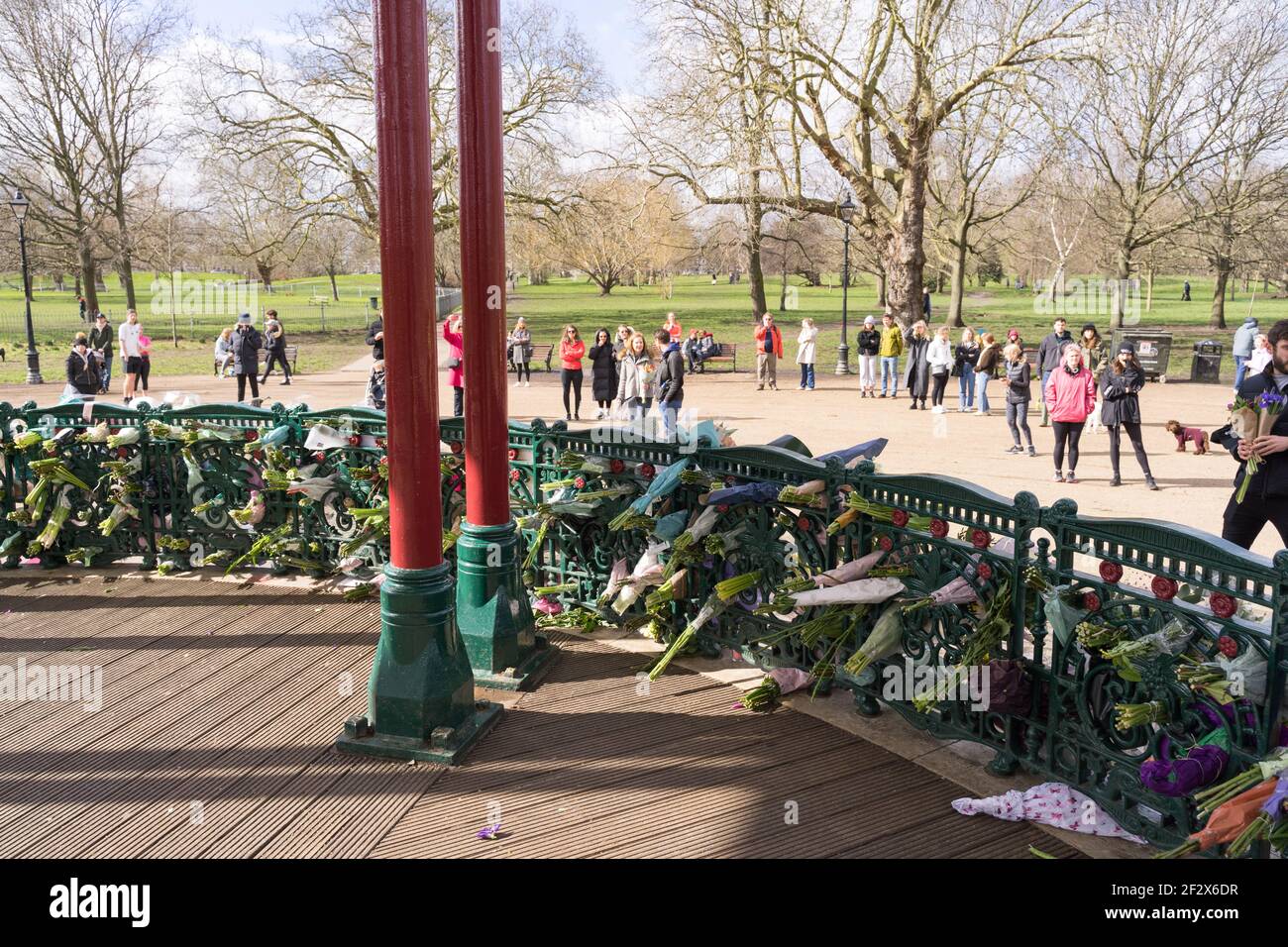 floral tributes at Clapham Common bandstand in memory of Sarah Everard, kidnaped and murdered , London, England Stock Photo