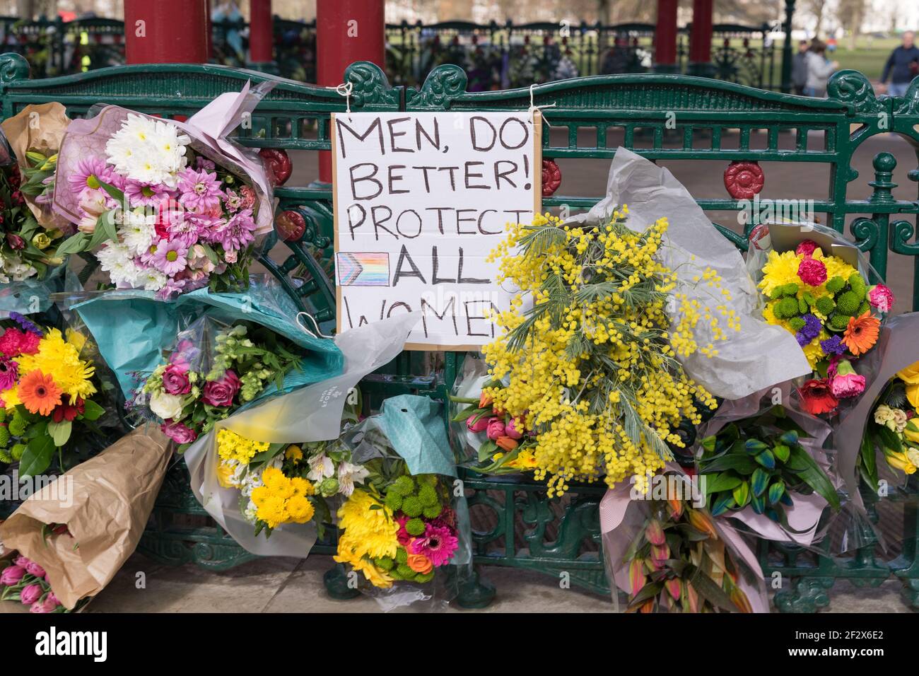 floral tributes at Clapham Common bandstand in memory of Sarah Everard, kidnaped and murdered , London, England Stock Photo