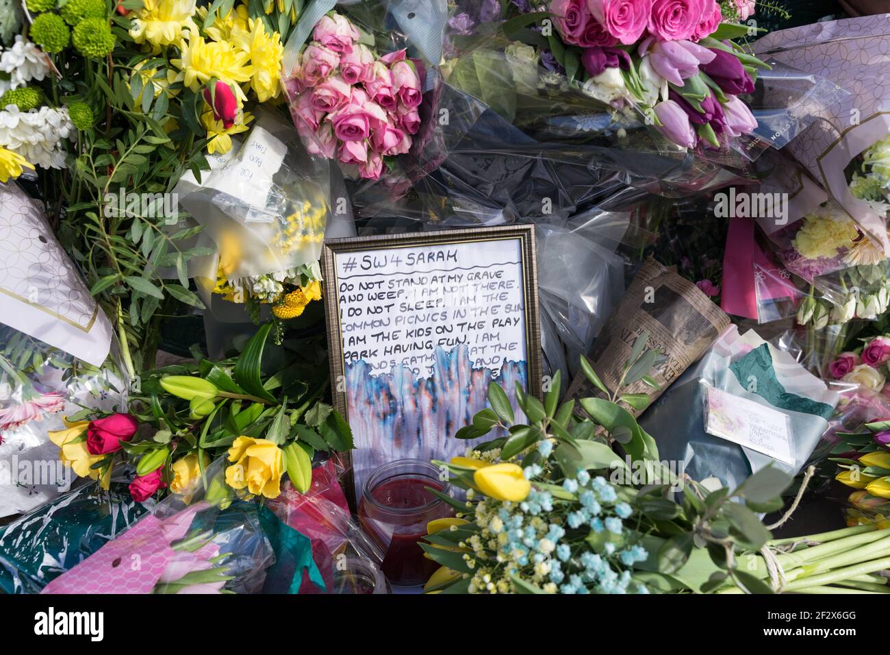 floral tributes at Clapham Common bandstand in memory of Sarah Everard, kidnaped and murdered , London, England Stock Photo