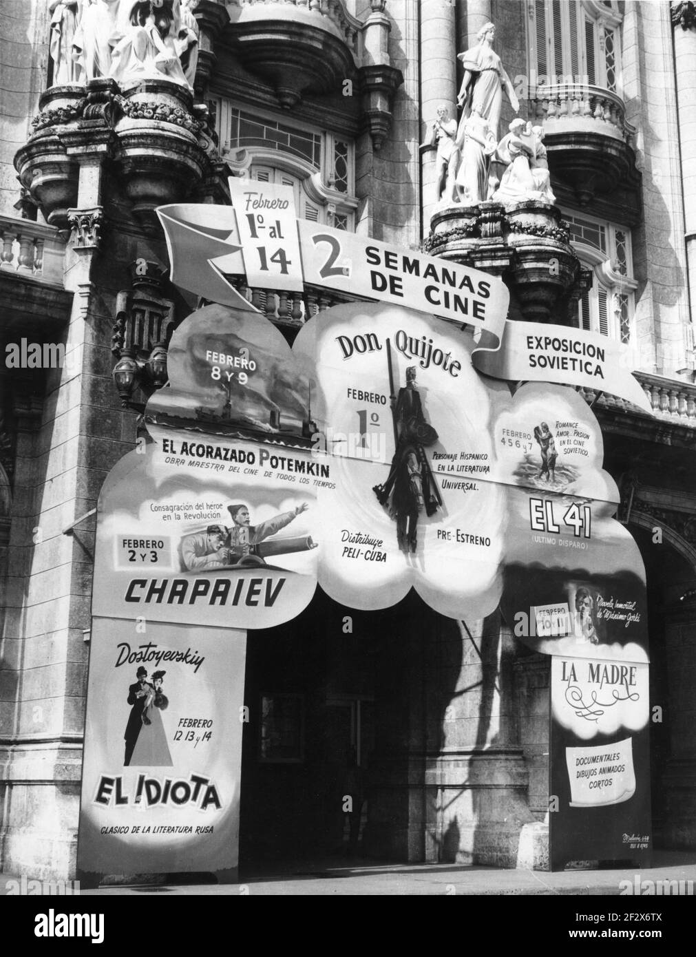 Cinema / Movie Theatre in Havana Cuba in February 1960 showing a Season of Classic Russian Films including BATTLESHIP POTEMKIN (1925) CHAPAYEV (1934) THE IDIOT (1958) DON QUIXOTE (1957)  THE FORTY-FIRST ((1956) and MOTHER (1956) following the Cuban Revolution in 1959 led by Fidel Castro and Che Guevara against dictator Fulgencio Batista Stock Photo