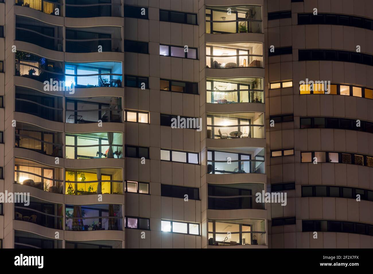 Wien, Vienna: apartment building, lit apartments, night, loggias ...