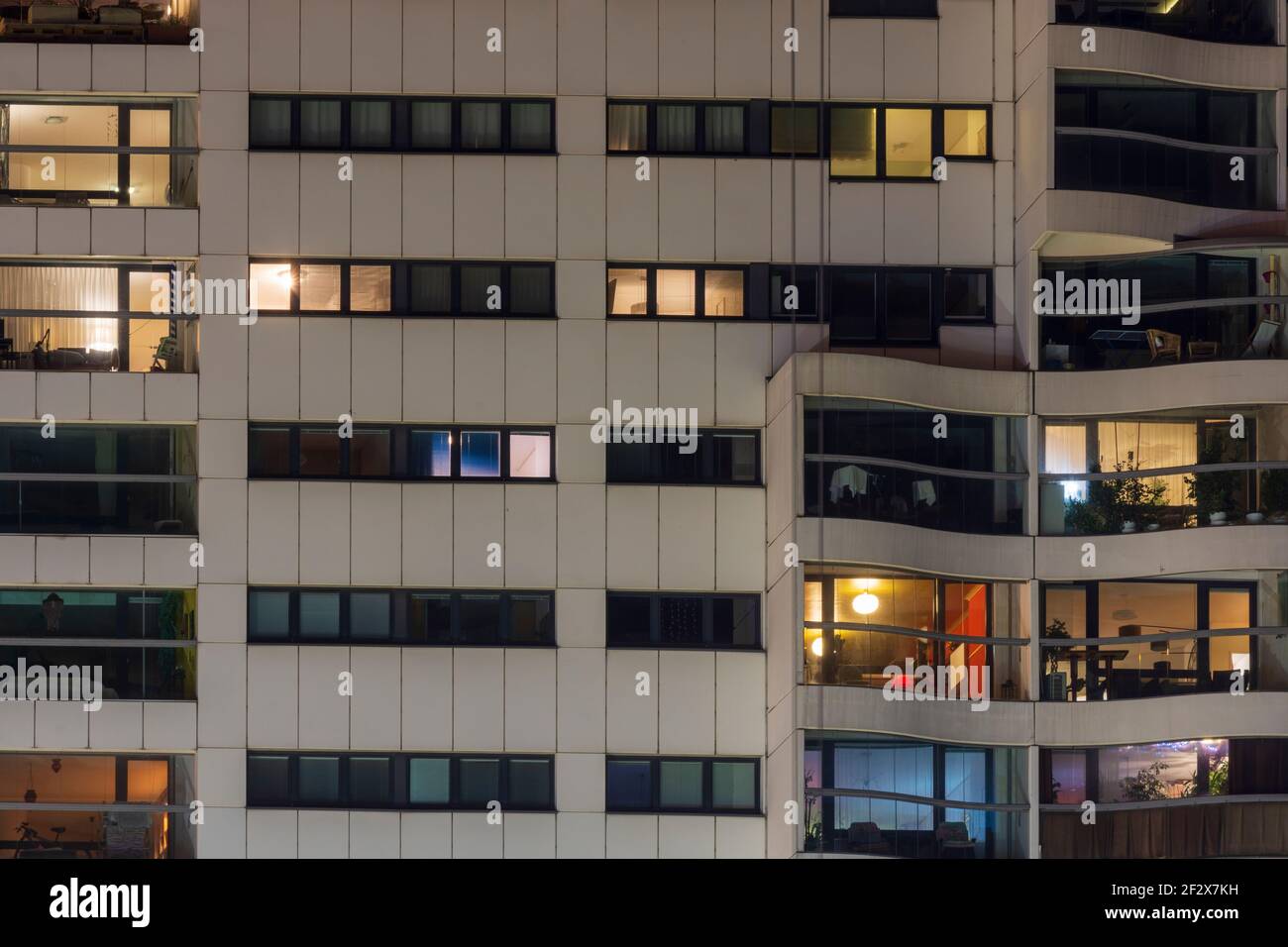 Wien, Vienna apartment building, lit apartments, night, loggias
