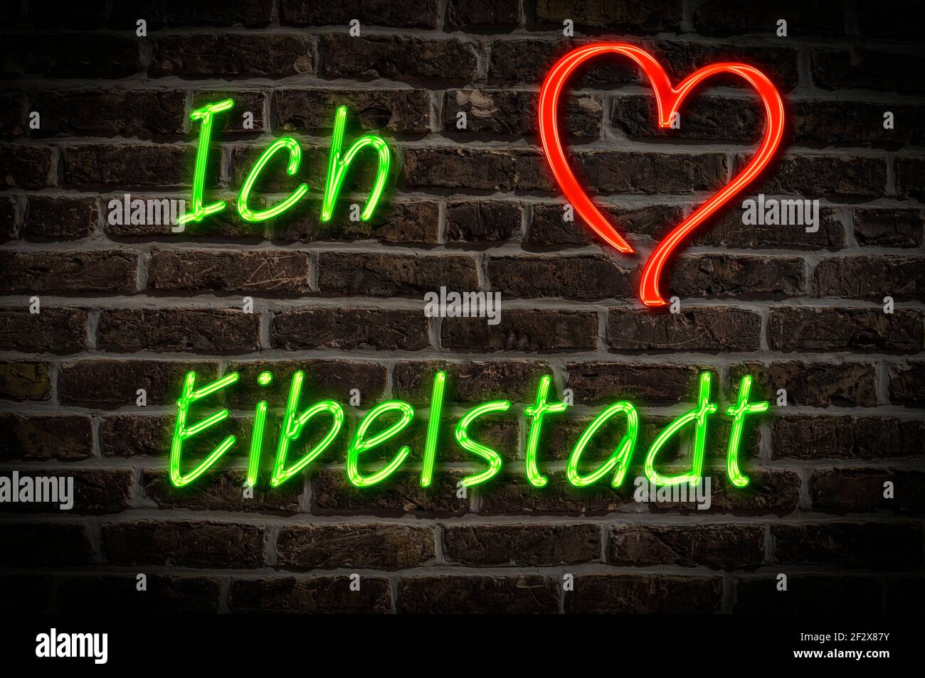 Leuchtreklame, Ich liebe Eibelstadt, Bayern, Deutschland, Europa | Illuminated advertising, I love Eibelstadt, Bavaria, Germany, Europe Stock Photo