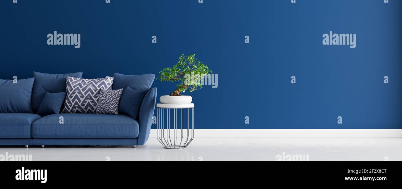 Mock Up Living Room Interior Design With Blue Sofa Empty Blue Wall With Free Space On Right 3d Render 3d Illustration Stock Photo Alamy