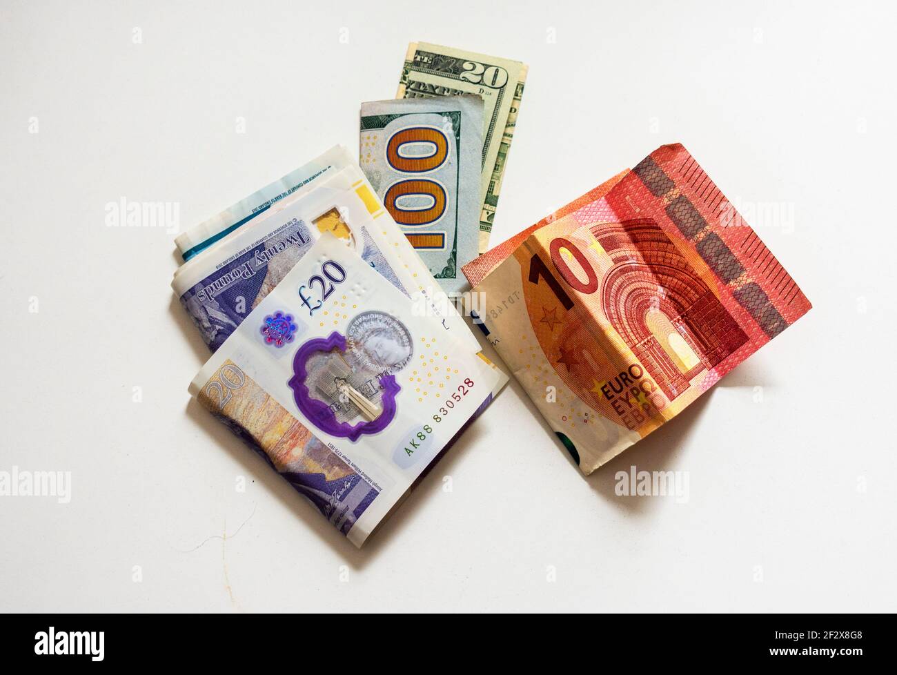 Paper money: British pounds, US dollars, Euros Stock Photo