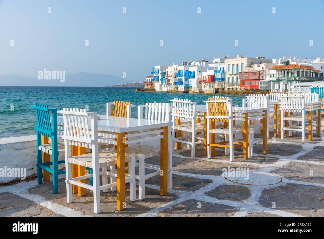 Restaurant facing Little Venice at Mykonos, Greece Stock Photo Alamy