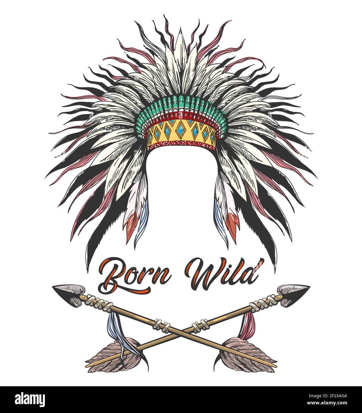 Tattoo of Native American War Bonnet and Two Arrows with Lettering Born Wilde. Vector Illustration. Stock Vector
