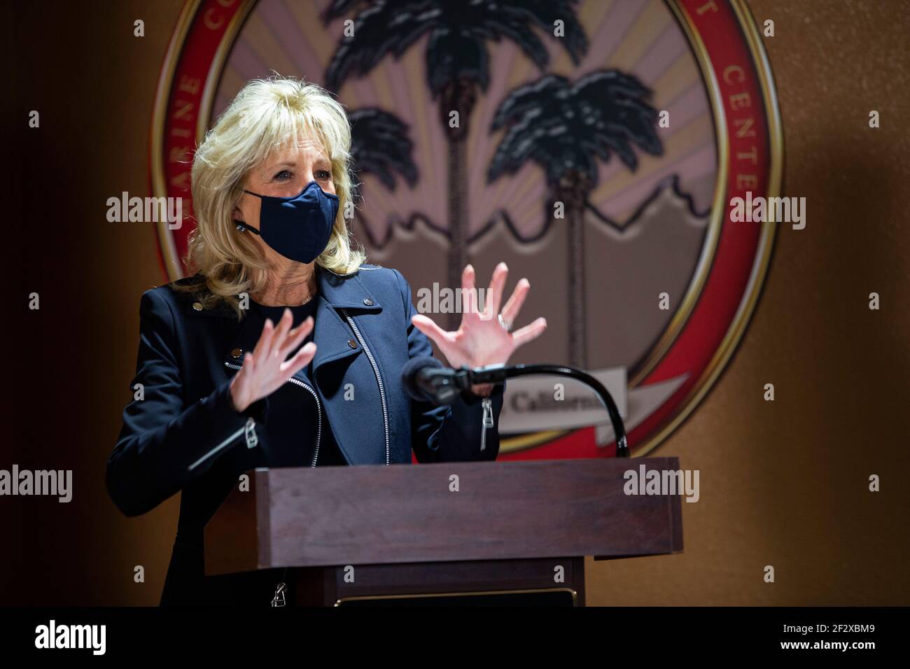 U.S First Lady Dr. Jill Biden addresses military spouses during her visit to the Marine Corps Air Ground Combat Center March 10, 2021 in Twentynine Palms, California. The First Lady visited the base to show support for military members and their families, and talk about the Joint Forces Initiative. Stock Photo