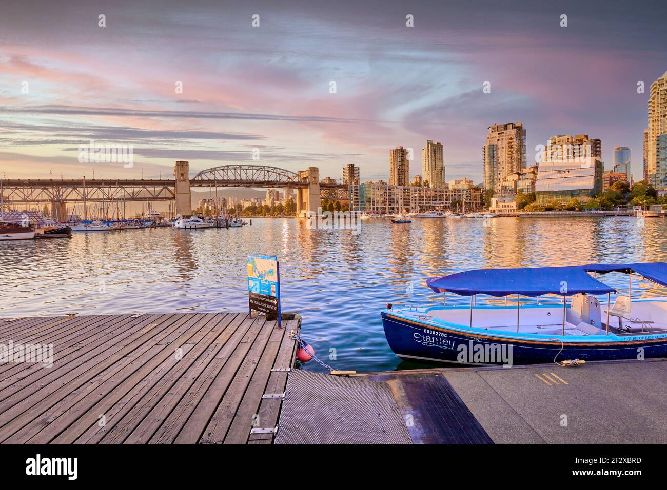 False Creek marina and Vancouver skyline with Burrard Street Bridge ...