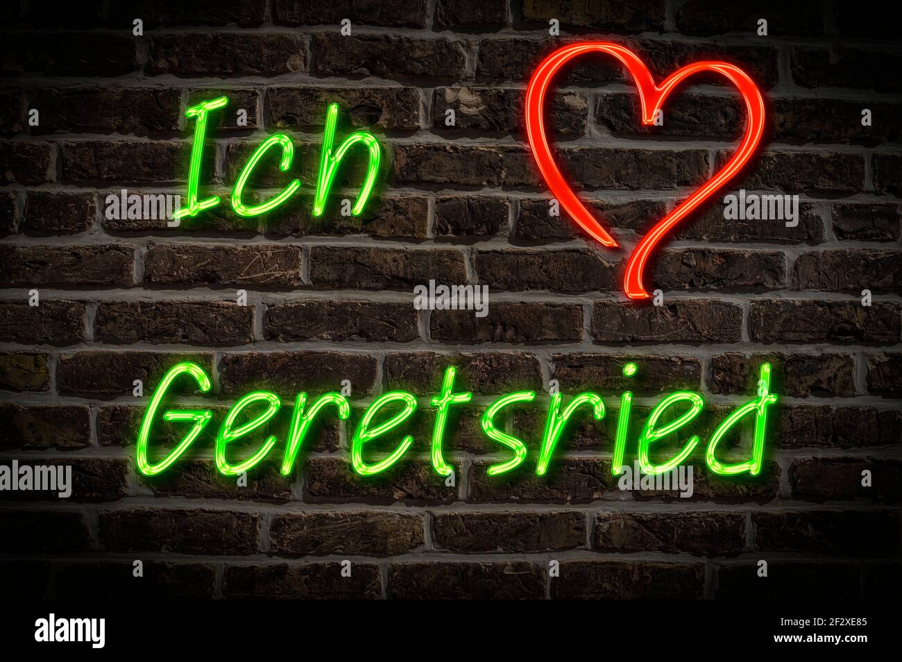 Leuchtreklame, Ich liebe Geretsried, Bayern, Deutschland, Europa | Illuminated advertising, I love Geretsried, Bavaria, Germany, Europe Stock Photo