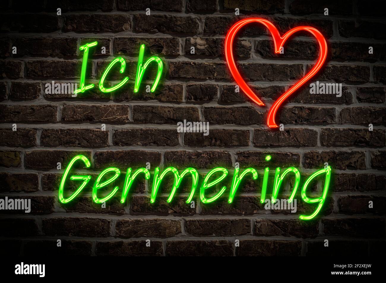 Leuchtreklame, Ich liebe Germering, Bayern, Deutschland, Europa | Illuminated advertising, I love Germering, Bavaria, Germany, Europe Stock Photo
