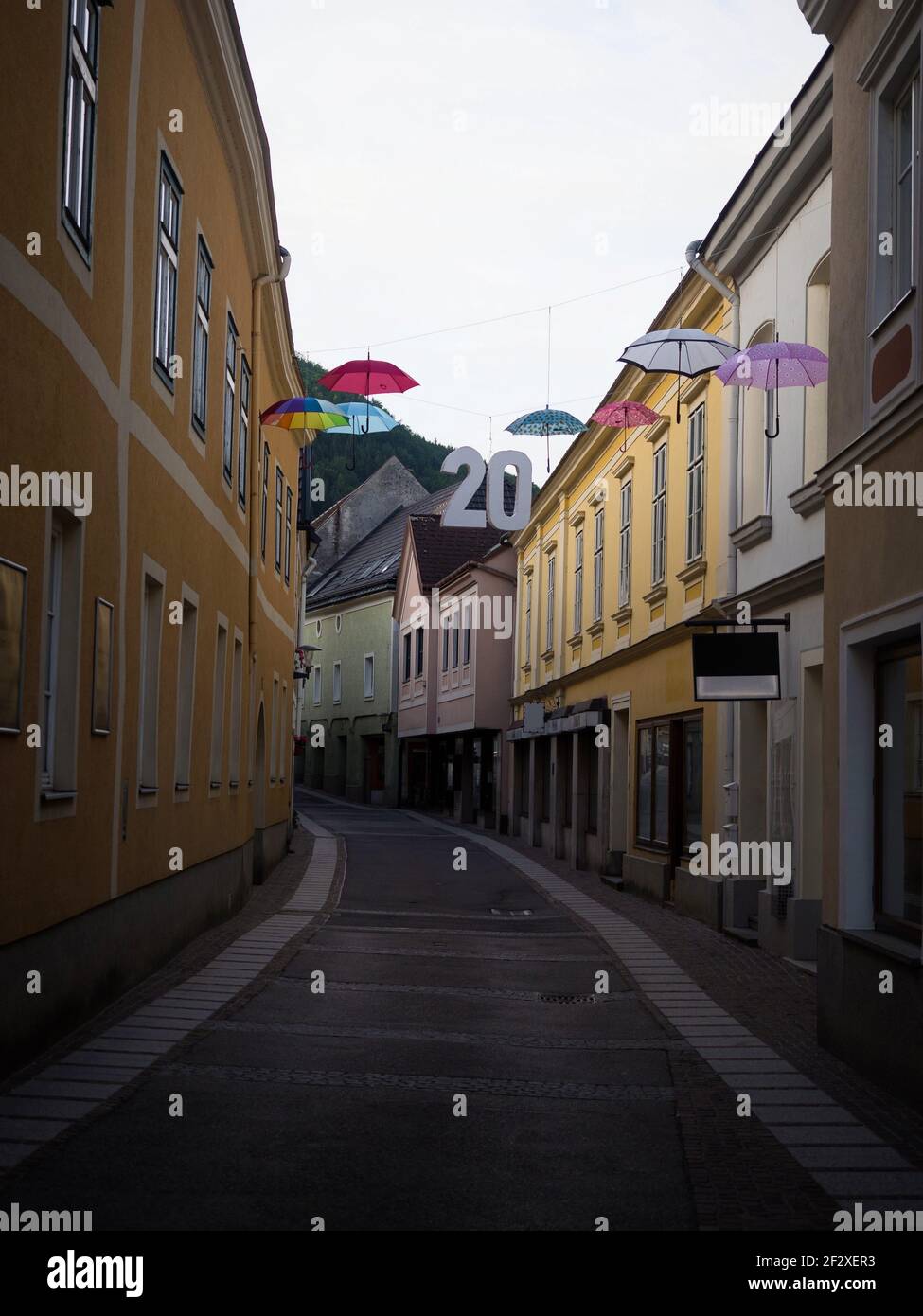 Panorama view of empty charming quaint narrow streets of Scheibbs village town with number twenty decoration in Lower Austria alps Europe Stock Photo