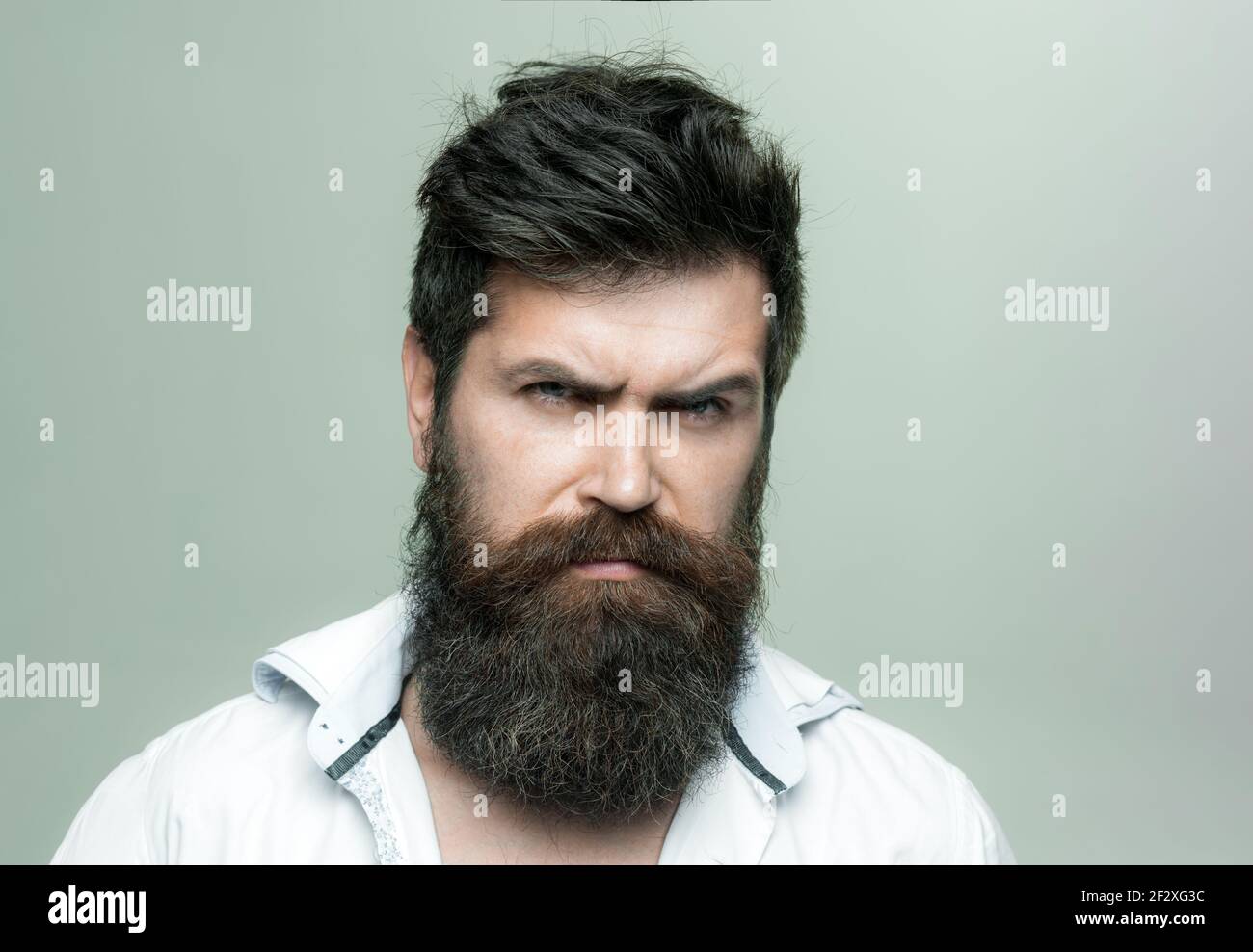 Man with long beard, mustache and stylish hair, light background. Macho on  strict face, wears unbuttoned shirt. Guy with modern hairstyle visited  Stock Photo - Alamy