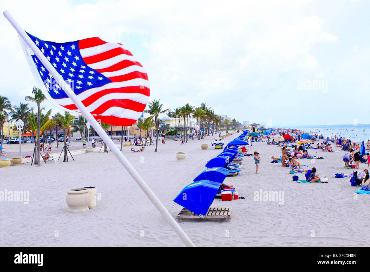 The US flag aflight on Hollywood Beach during July 4th holiday weekend