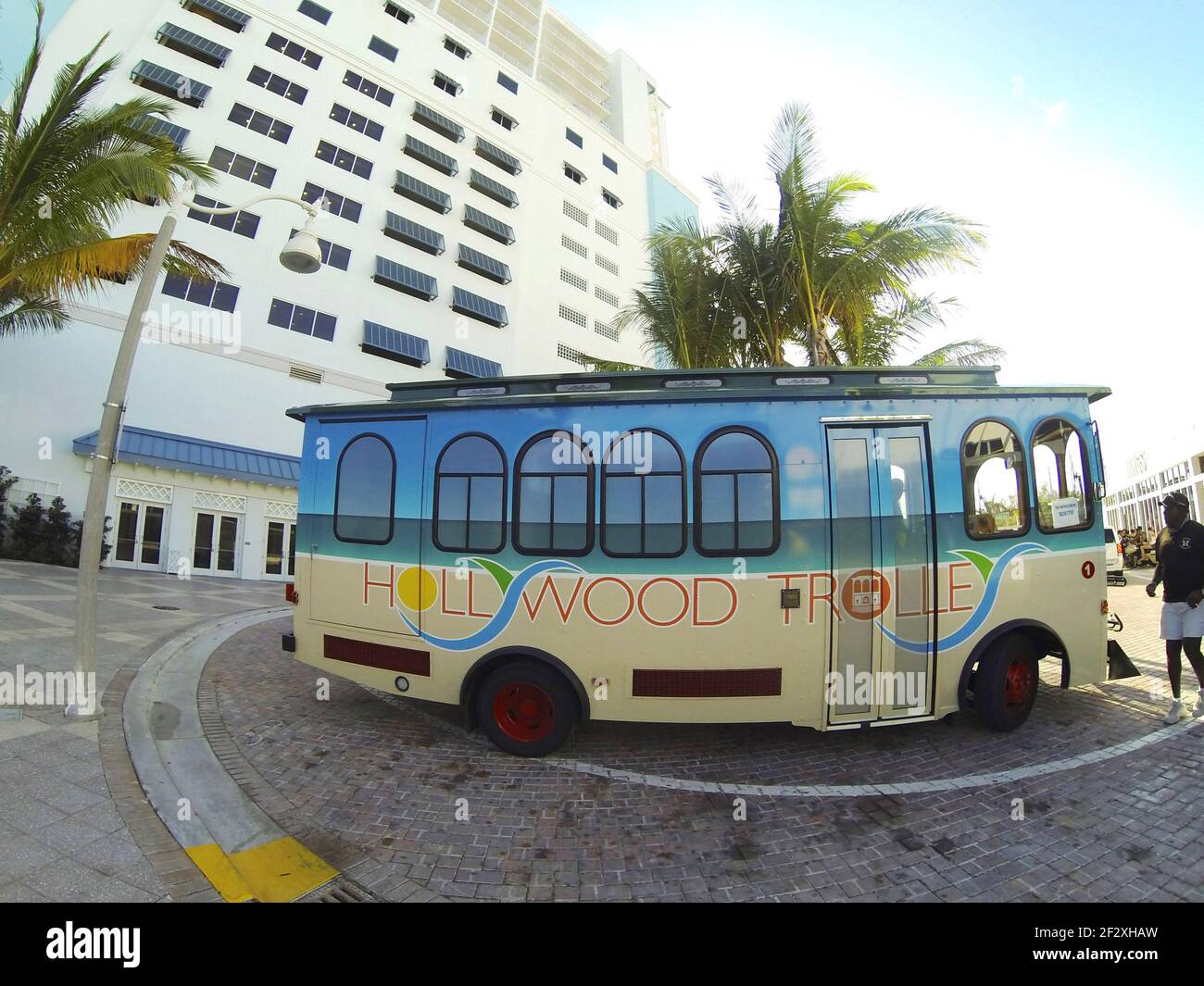 The Hollywood Trolley at a pick up point near Margaritaville Resort on