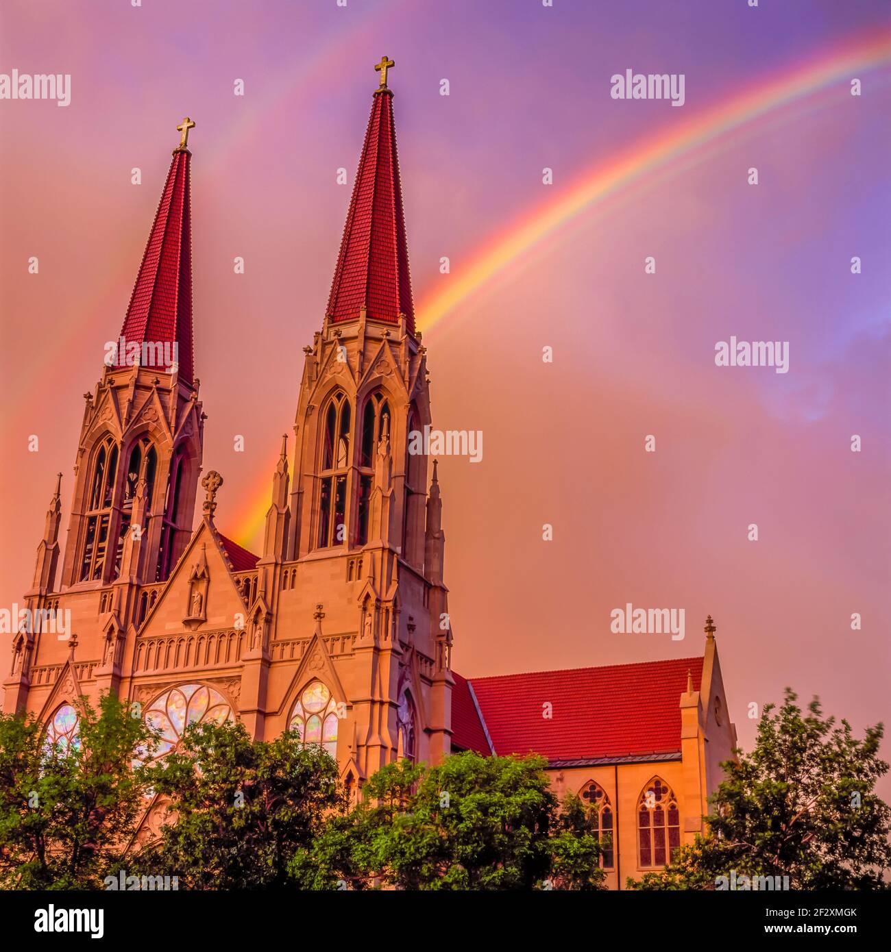 rainbow over the cathedral of saint helena in helena, montana Stock