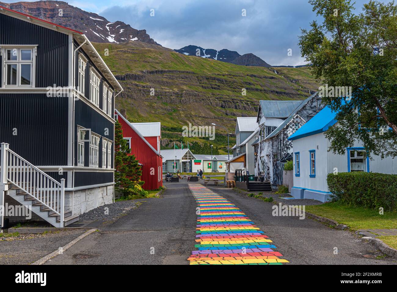 Rainbow street at Seydisfjordur on Iceland Stock Photo