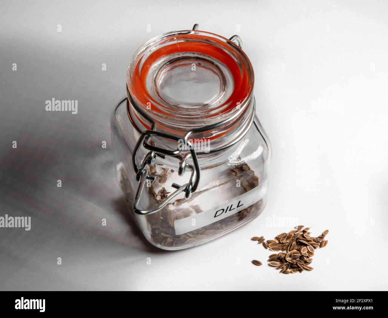 Macro image of miniature mason jar filled with seeds and labeled Dill (Anethum graveolens)  an annual herb in the celery family Apiaceae with small pi Stock Photo