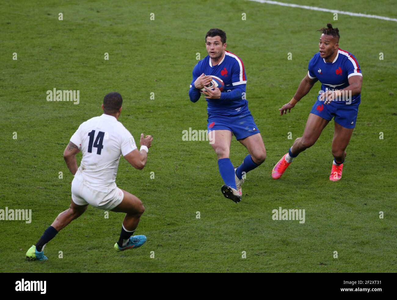 London, England, 13th March 2021, Rugby Union, Guinness Six Nations Championship, England v France, Twickenham, 2021, 13/03/2021 Brice Dulin and Teddy Thomas of France and Anthony Watson of England CreditPaul Harding/Alamy Live