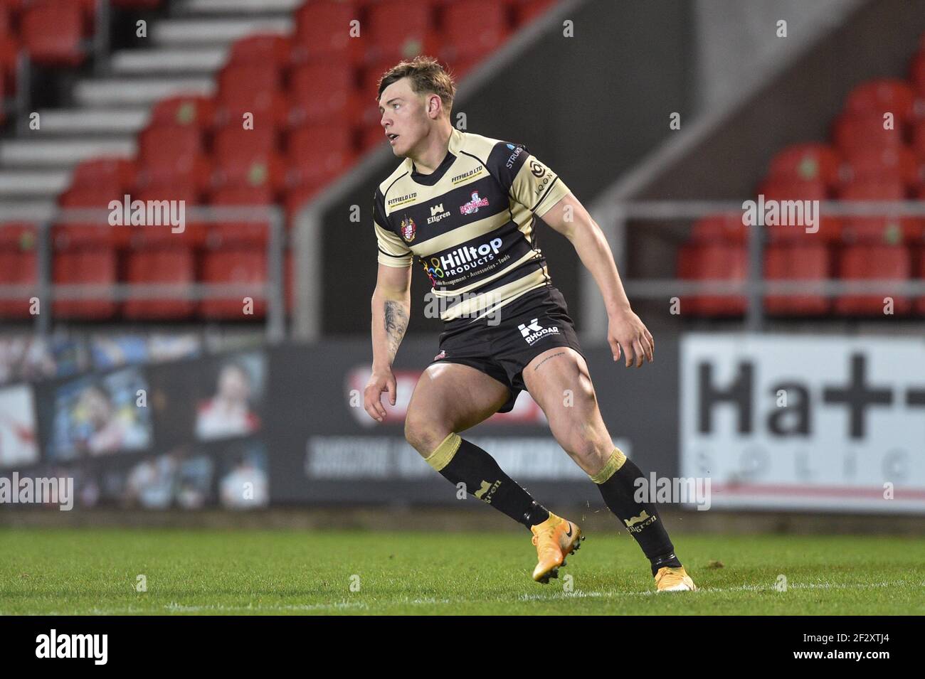 St Helens, UK. 13th Mar, 2021. Keanan Brand (24) of Leigh Centurions during the game in St Helens, UK on 3/13/2021. (Photo by Richard Long/News Images/Sipa USA) Credit: Sipa USA/Alamy Live News Stock Photo