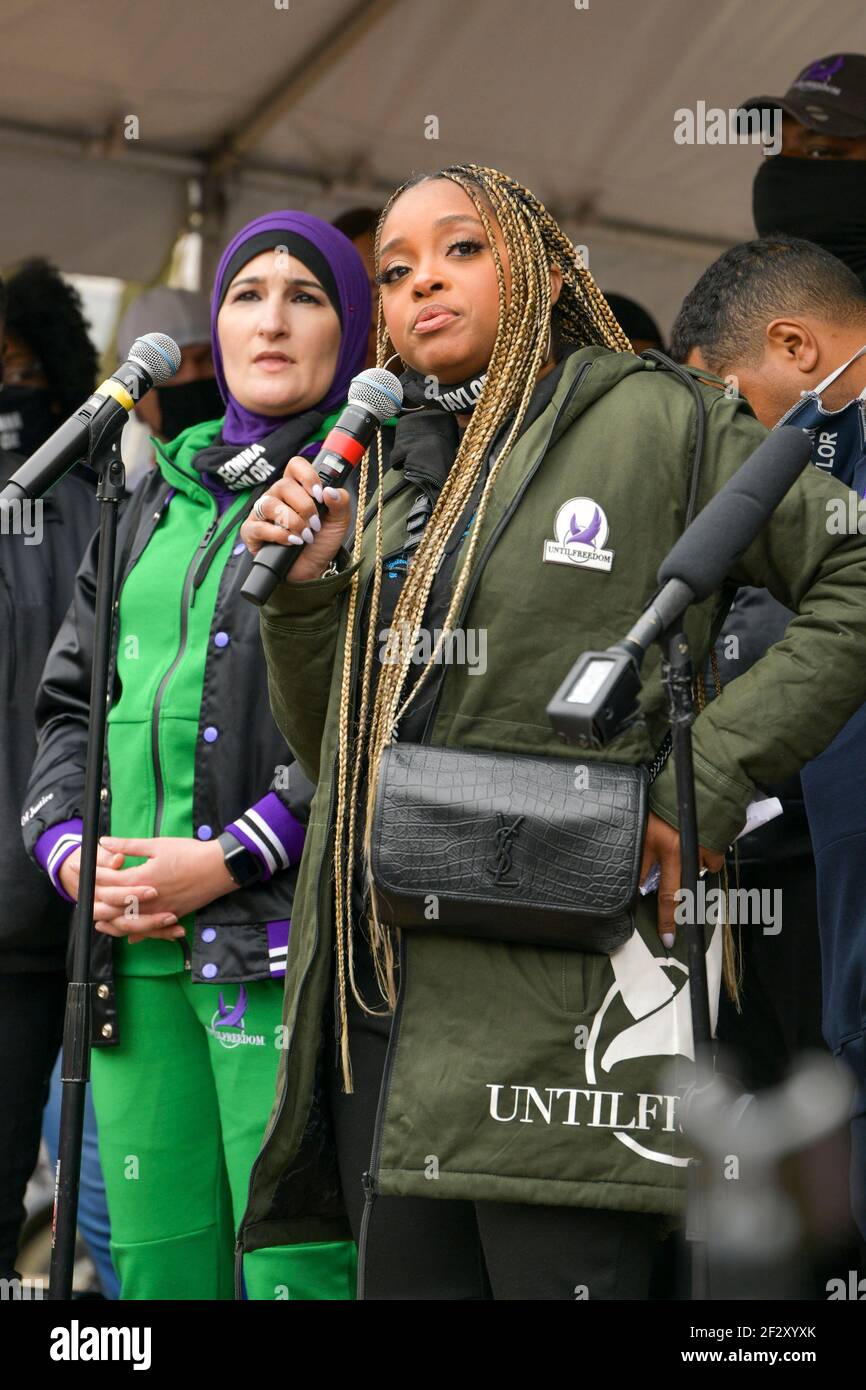 Louisville, KY, USA. 13th Mar, 2021. Tamika Mallory speaks at 1year