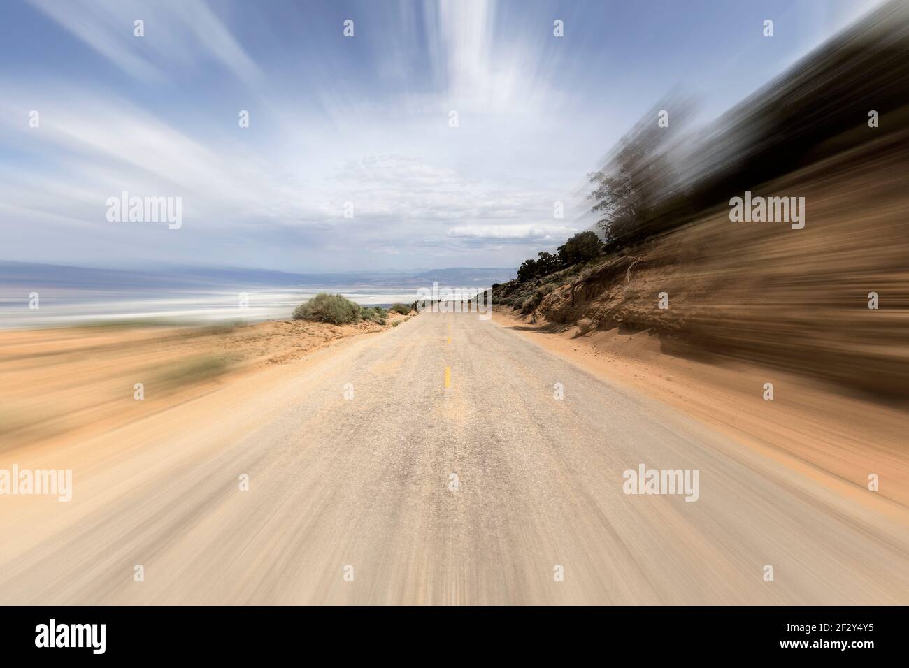 View of Horseshoe Meadow Road with motion blur near Mt Whitney, Lone Pine and Owens Dry Lake in Sierra Nevada Mountains of California. Stock Photo