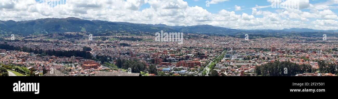 Overhead view of Cuenca, Ecuador, in a valley, with the mountains in the background Stock Photo