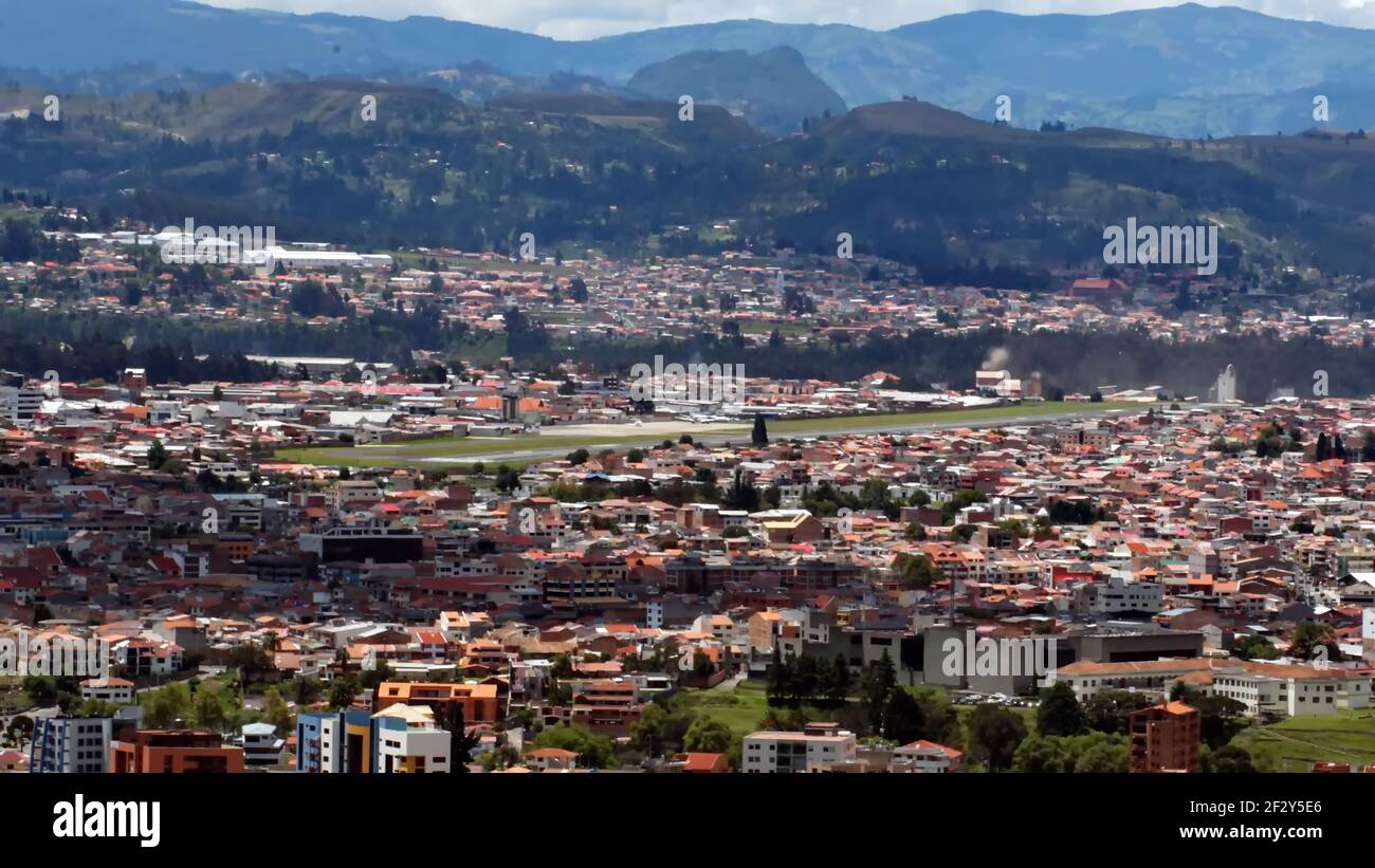 Overhead view of Cuenca, Ecuador, with the airport in the center Stock Photo