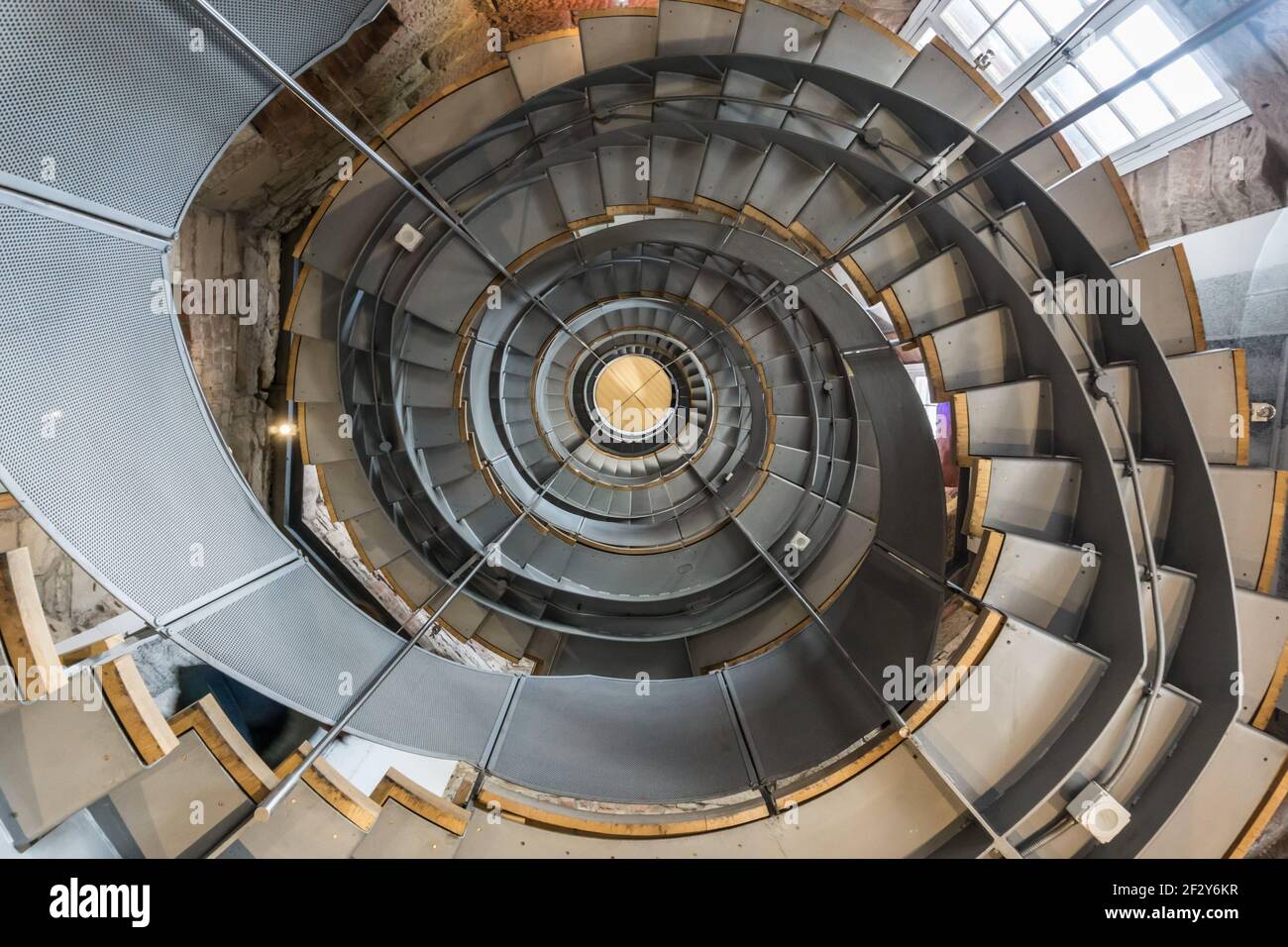 View down the spiral staircase in The Lighthouse tower building in Glasgow Scotland Stock Photo