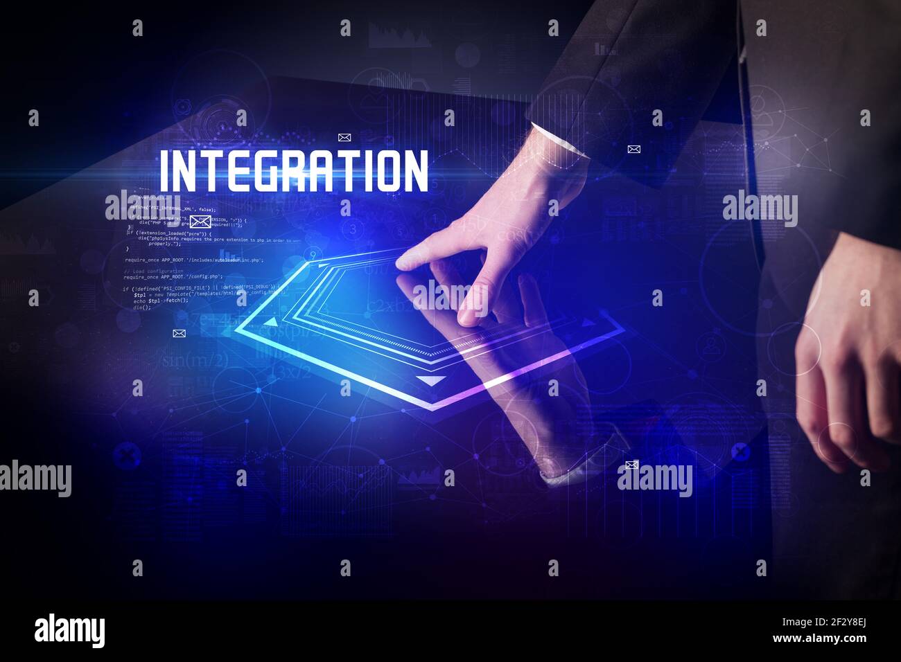 Hand touching digital table Stock Photo