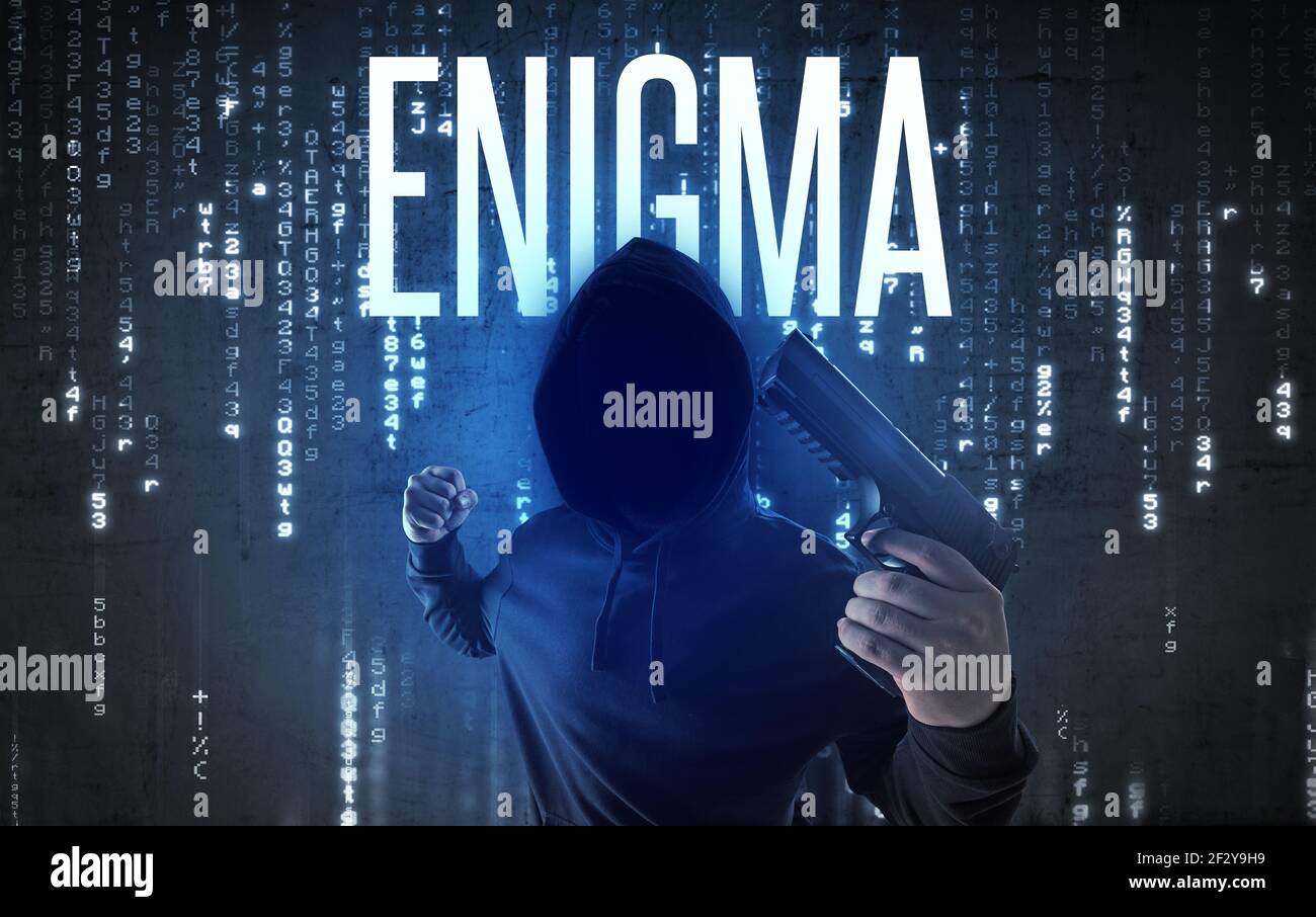 Faceless hacker with inscription Stock Photo