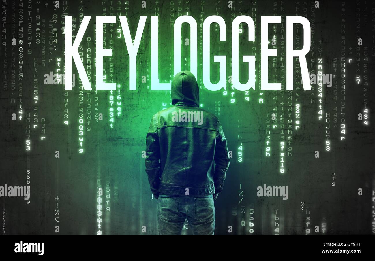 Faceless hacker with inscription Stock Photo