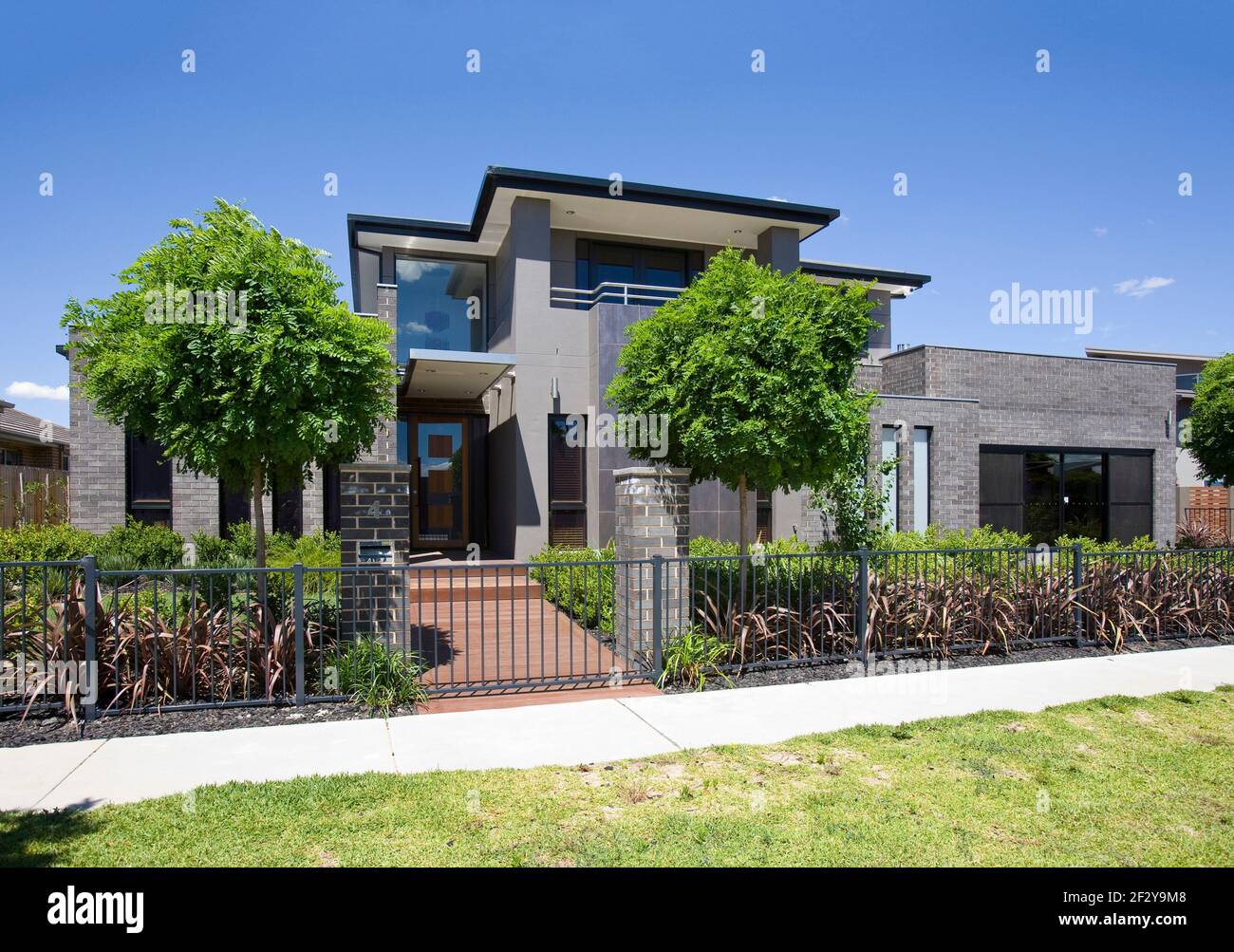 Street view of modern house with mop-top ornamental trees Stock Photo