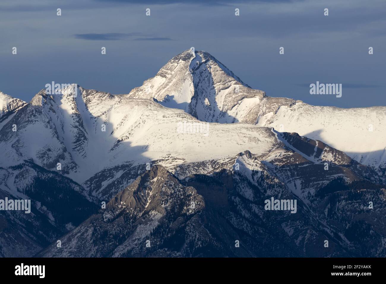 Snowy Mount Aylmer, Highest Mountain Peak in Banff Proximity.  Late Winter Landscape in Canadian Rockies Stock Photo
