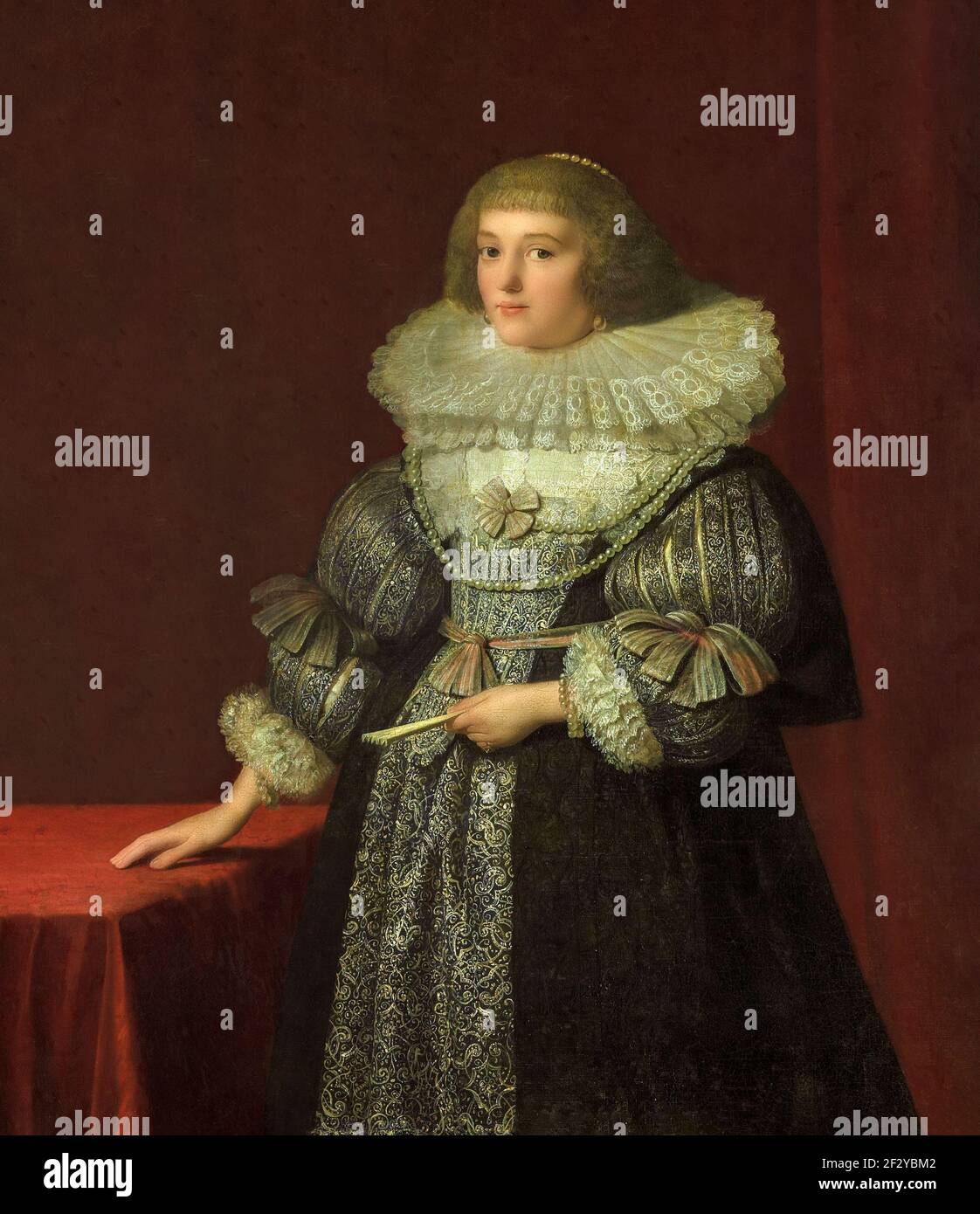 Portrait of Ursula (1594-1657), Countess of Solms-Braunfels. Wife of Christopher, Viscount of Dohna. Knee pad, standing next to a table, a fan in the Stock Photo