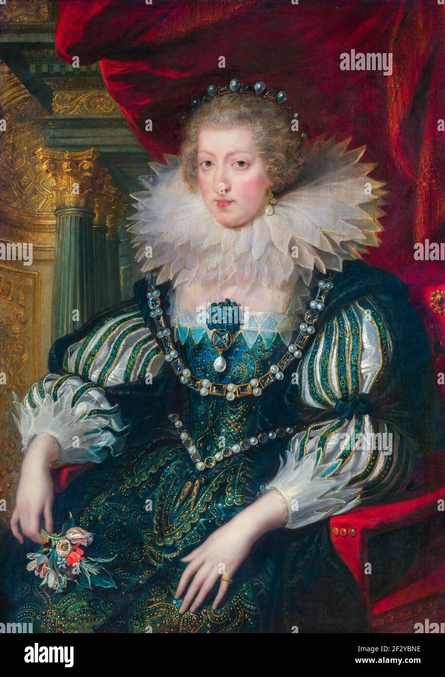 Portret van Anna van Oostenrijk (1601-1666), de echtgenote van Lodewijk XIII, koning van Frankrijk. Kniestuk, zittend op een stoel, in een jurk versie Stock Photo