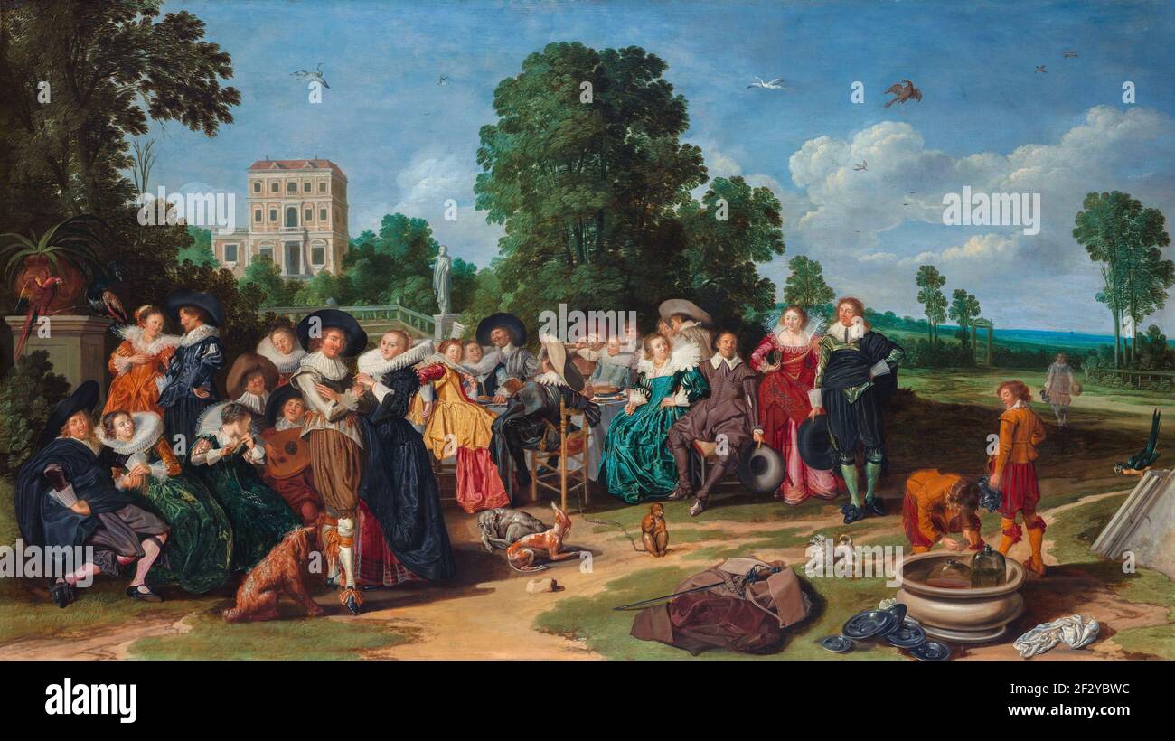 The outdoor party. Cheerful company in the garden of a country house. Left and right two elegant standing couples. On the left a group of musicians, i Stock Photo