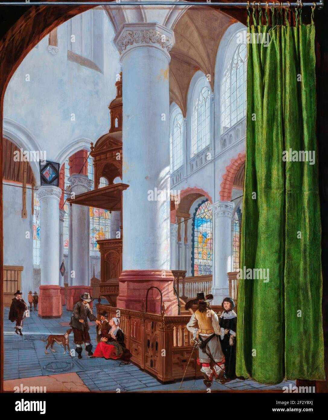 Interior of the Oude Kerk in Delft. Church interior with various figures, on the right a soldier is talking to a woman. In the center the pulpit behin Stock Photo