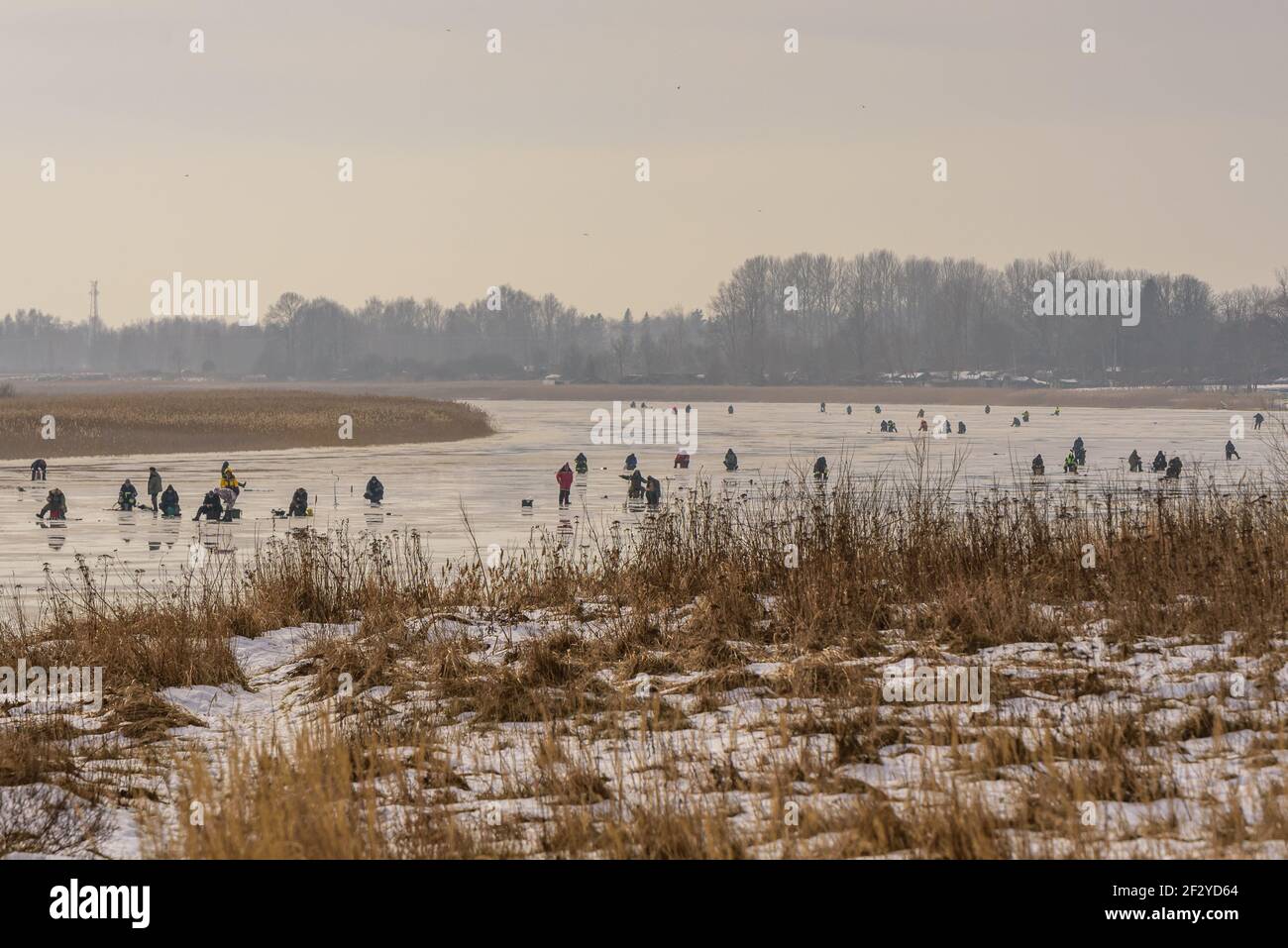 frozen river, bent and icy anglers fishing or moving along a frozen river in search of better fishing spots to catch more fish Stock Photo